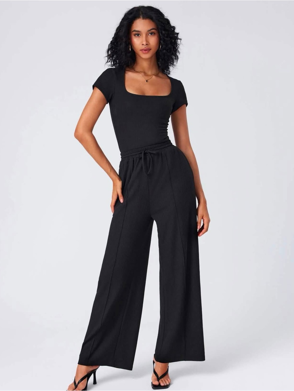 Cider U-NECKLINE BODYSUIT & ELASTIC WAIST WIDE LEG PANTS SET large nwt